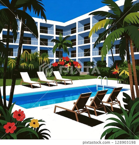 Illustration of a resort hotel pool and beautiful terrace Illustration of a resort hotel pool and beautiful terrace 128903198