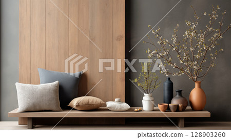 serene display of decorative pillows and vases 128903260
