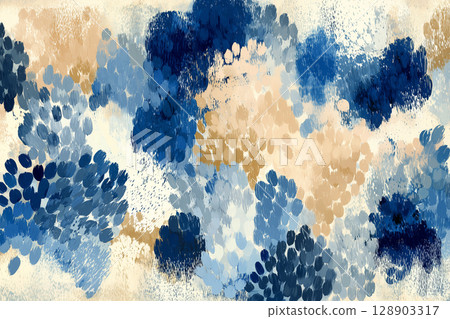 Seamless Pattern of Organic Water Drop Circles in Beige and Blue on a Textured Background 128903317