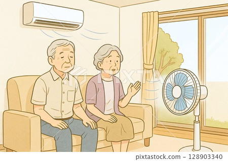 老年夫婦在室內用空調和電風扇降溫——防中暑材料 128903340