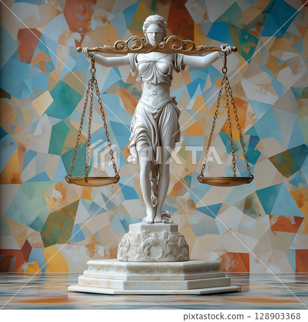 majestic statue of Lady Justice holding scales 128903368