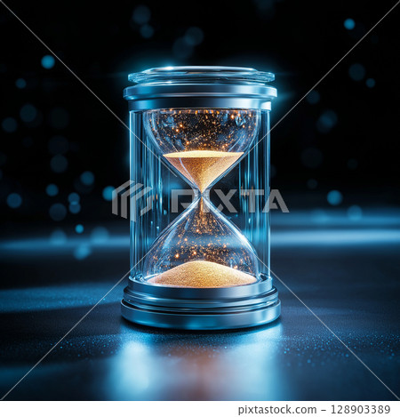 glowing hourglass with shimmering sand and blue light 128903389