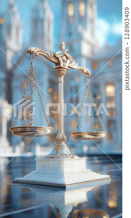 Elegant golden scales of justice in legal setting 128903409