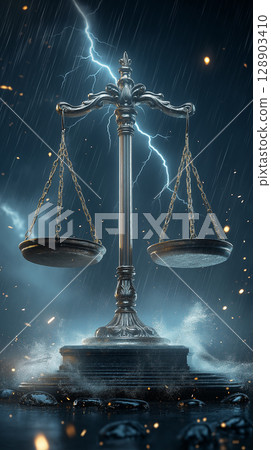 dramatic scale symbolizing justice amidst stormy backdrop 128903410
