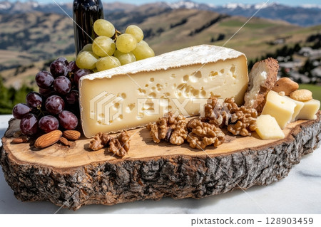 Cheese board with walnuts, grapes, almonds, bread and wine enjoying mountain view 128903459