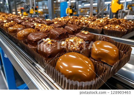 Chocolate candies moving on conveyor belt in a modern confectionery factory 128903463