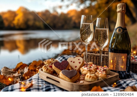 Romantic autumn picnic by the lake with champagne and heart shaped cookies 128903484