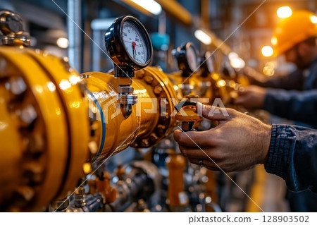 Engineer operating valve and monitoring pressure gauge on industrial pipeline 128903502