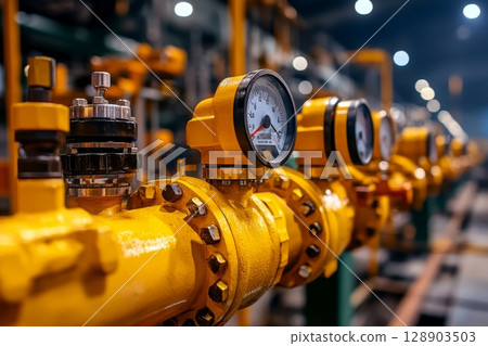 Yellow gas pipes and valves measuring pressure and temperature in industrial plant 128903503