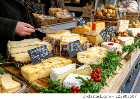 Vendor showing cheese selection at outdoor market stall 128903507
