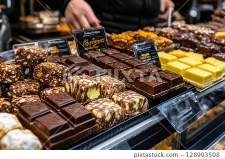 Pastry chef arranging display of delicious chocolate bars and pastries 128903508
