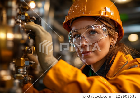 Female engineer working on industrial machine in a factory 128903533