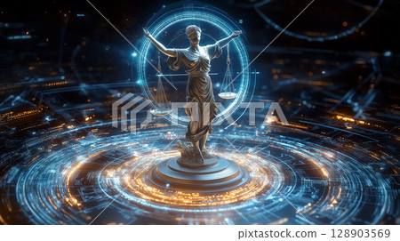digital representation of justice with scales and technology 128903569