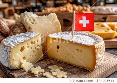 Swiss cheese selection featuring a small flag on wooden board 128903645