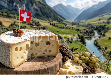 Swiss cheese wheel with swiss flag overlooking picturesque valley 128903647