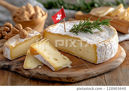 Swiss cheese wheel with rosemary and small swiss flag on wooden board 128903648