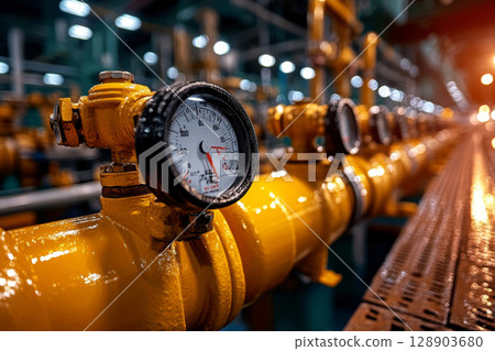 Pressure gauge measuring gas pressure on yellow pipeline in industrial plant 128903680