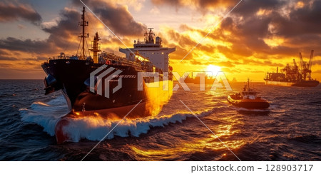 Large cargo ship navigating ocean at golden hour sunset with tugboat and crane vessel in background 128903717