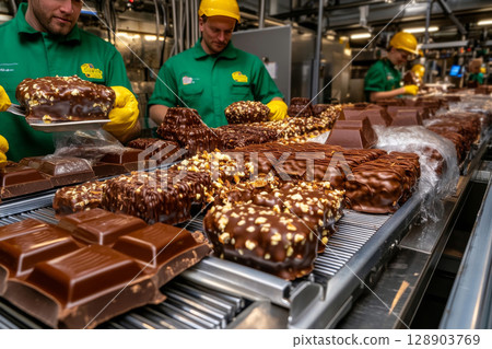 Confectionery factory workers preparing chocolate bars and cakes on production line 128903769