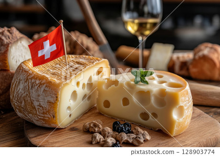 Swiss cheese wheel with swiss flag on wooden board accompanied by wine and bread 128903774