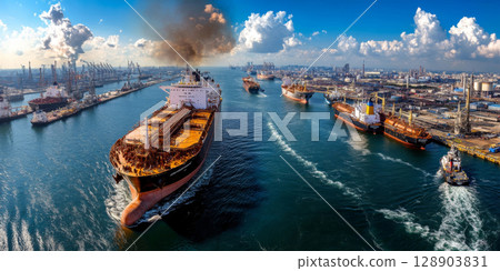 Cargo ships entering industrial port with black smoke air pollution 128903831
