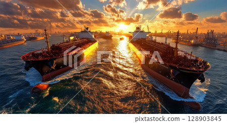 Two large cargo ships sailing towards sunset in industrial port 128903845