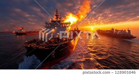 Cargo ships sailing on ocean at sunset with gas flare burning 128903846