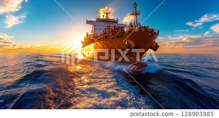Large cargo ship sailing on the ocean at sunset 128903985
