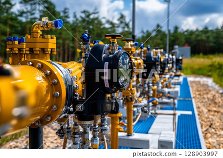 Gas pipeline infrastructure showing pressure regulators and flow meters in a sunny day 128903997
