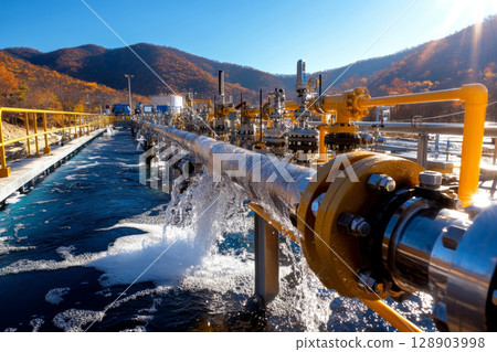 Water treatment plant releasing purified water into river in mountainous area 128903998