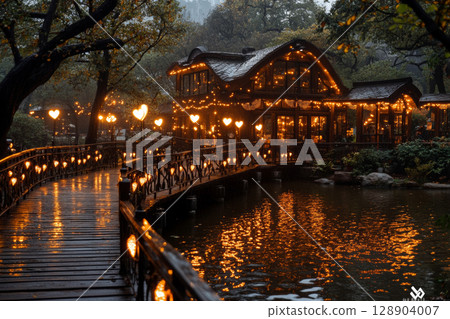 Wooden bridge with heart shaped lamps leading to cozy illuminated house in the forest 128904007