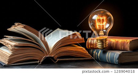 Glowing light bulb illuminating old books symbolizing knowledge and inspiration 128904018