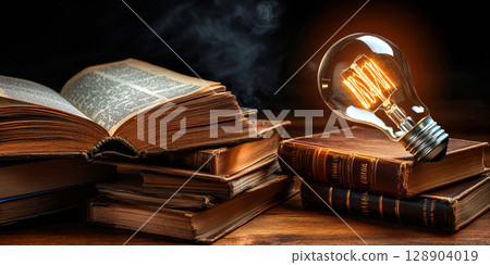 Light bulb shining on stack of old books illuminating knowledge and ideas 128904019