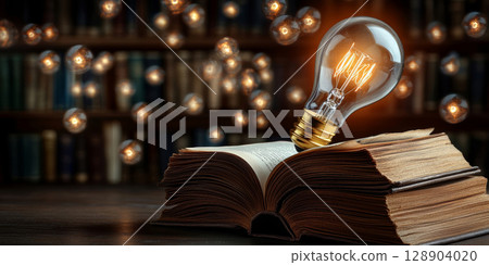 Bright light bulb shining on open book in library setting symbolizing knowledge and ideas 128904020