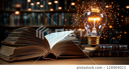 Open book illuminating light bulb in library setting fostering knowledge and ideas 128904021
