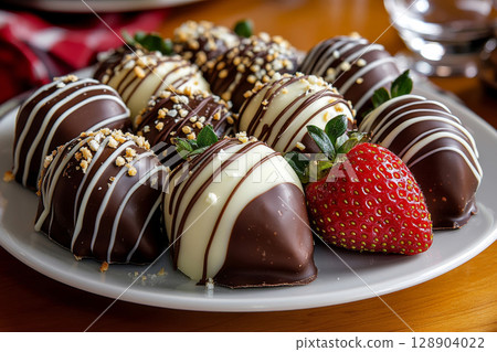 Chocolate covered strawberries displayed on a white plate, indulge in sweetness 128904022