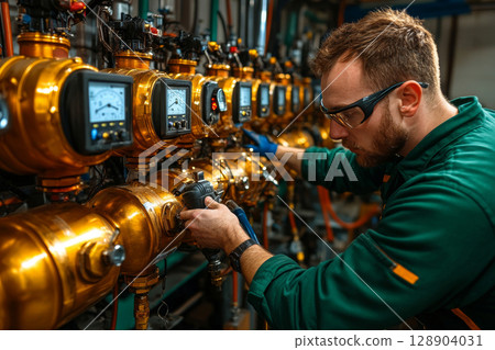 Engineer working on industrial control panel, checking pressure gauges and valves Engineer working on industrial control panel, checking pressure gauges and valves 128904031