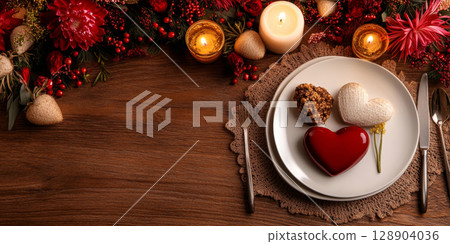 Romantic valentine's day table setting with heart shaped desserts and candles Romantic valentine's day table setting with heart shaped desserts and candles 128904036
