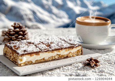 Delicious chocolate cake with cappuccino enjoying snowy mountain view 128904044