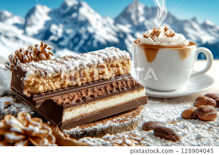 Steaming coffee, chocolate bars, and coffee beans resting on a snowy mountaintop 128904045