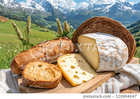 Swiss cheese and bread displayed on wooden board in idyllic mountain setting 128904047