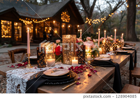Romantic outdoor wedding reception with candles and flowers illuminating the rustic table 128904085