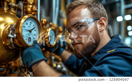 Engineer checking pressure gauge readings in industrial plant Engineer checking pressure gauge readings in industrial plant 128904097