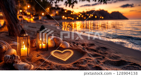Romantic sunset at the beach with lanterns and heart in the sand 128904138