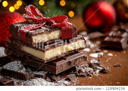 Stack of filled chocolate bars with red bow for christmas 128904156
