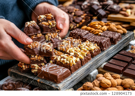Chocolatier arranging chocolate pralines with nuts on wooden tray 128904173