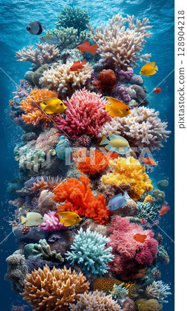Vibrant coral reef with colorful fish and diverse marine life Vibrant coral reef with colorful fish and diverse marine life 128904218