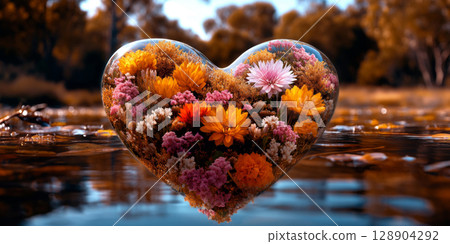 Heart shaped glass bubble floating on water surface with colorful flowers inside 128904292
