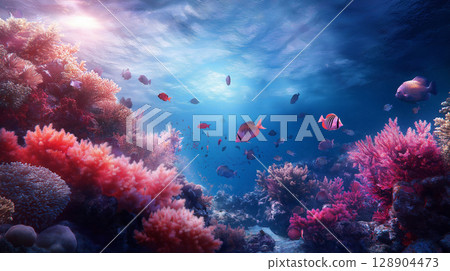 Vibrant underwater scene with colorful coral and fish 128904473