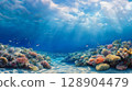Vibrant coral reef with colorful fish and sunlight rays 128904479
